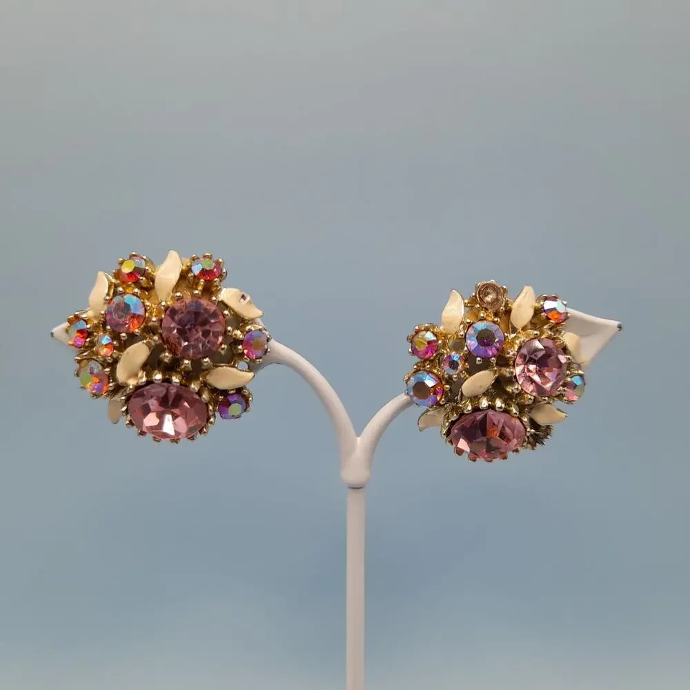 Vintage Arthur Pepper ART Pink Rhinestone Clip Earrings, Aurora Borealis, 1 1/8